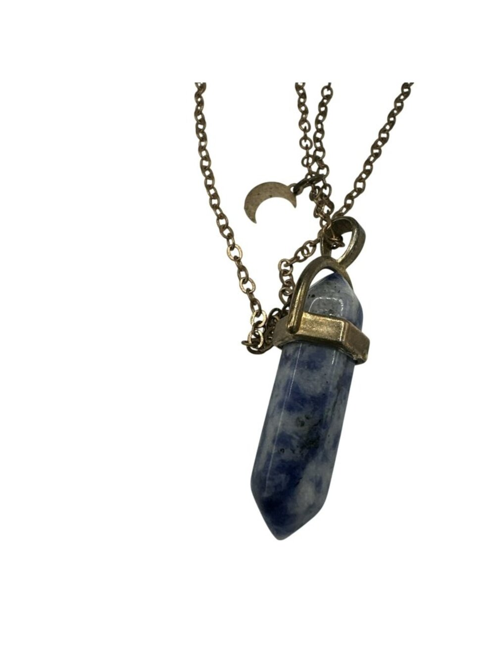 Hexagonal Pendant Necklace Blue Speckled Multistrand Witchy Boho 16" Natural